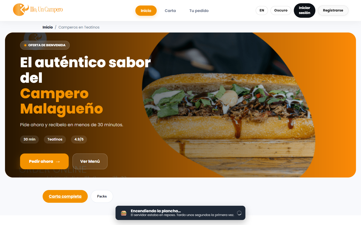 Página de inicio de Illo Un Campero, con un campero y el botón Pedir ahora